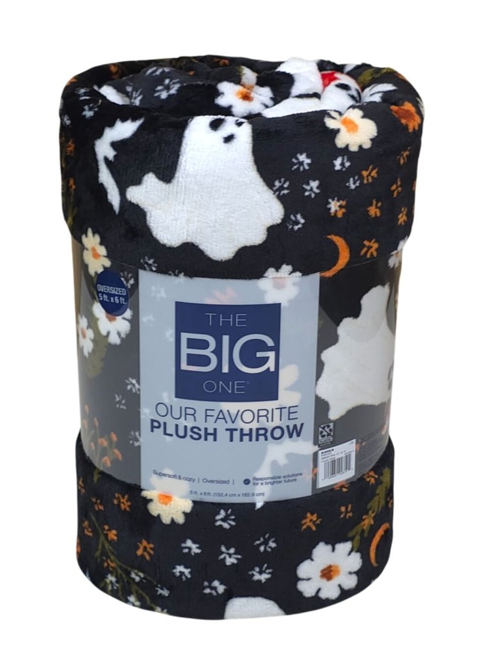 The Big One Oversized Halloween Plush Throw Blanket 5'x6' Flower & Ghosts Black